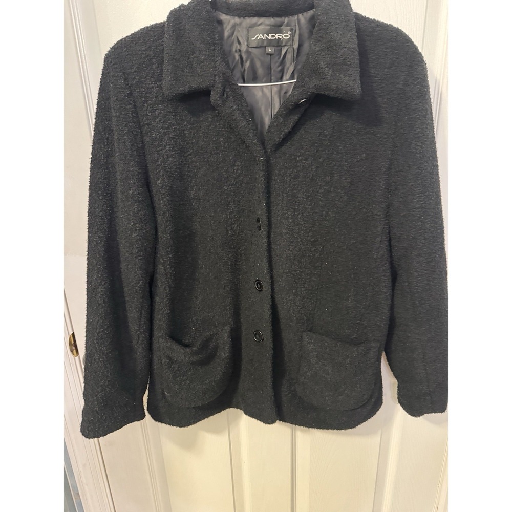 Vintage Sandro Women's Size L Black Bouclé Button Front Jacket Blazer Pockets